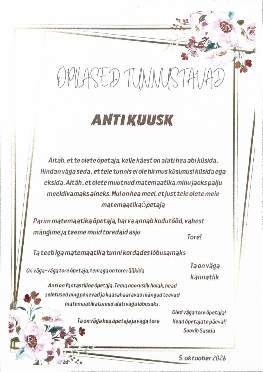 Õpetajate päeva tunnustus õpilastelt, pealkirjaga Õpilased tunnustavad